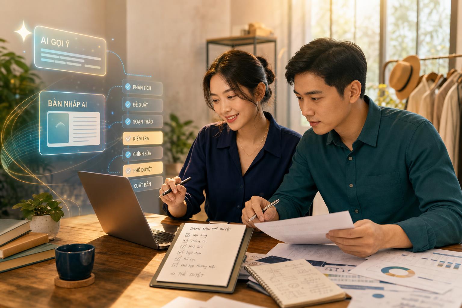Con người dùng AI để chuẩn bị bản nháp, duyệt checklist và ra quyết định cuối cùng