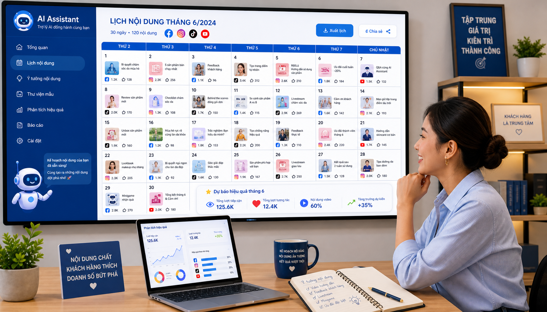 Nhân viên AI lập kế hoạch content 30 ngày với calendar và metrics