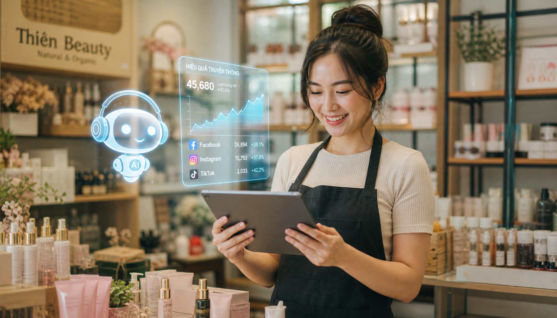 Chủ shop mỹ phẩm thành công với nhân viên AI - tăng engagement và doanh số